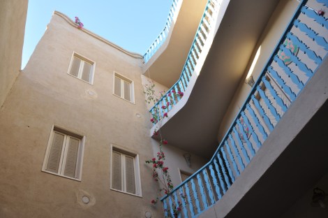 Looking up from the open courtyard