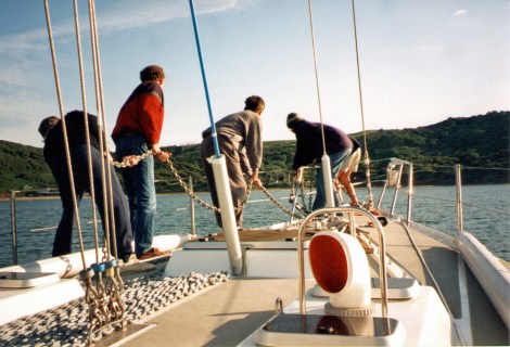 Paying out the chain by hand...