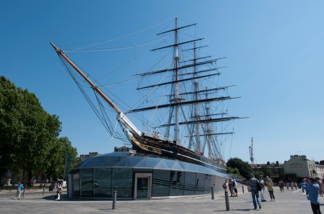 Cutty Sark exterior. Port broadside & port 3/4 view during the day.