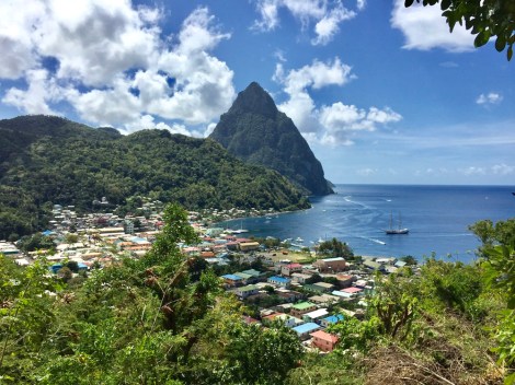 View of the Pitons from the walk from Anse...